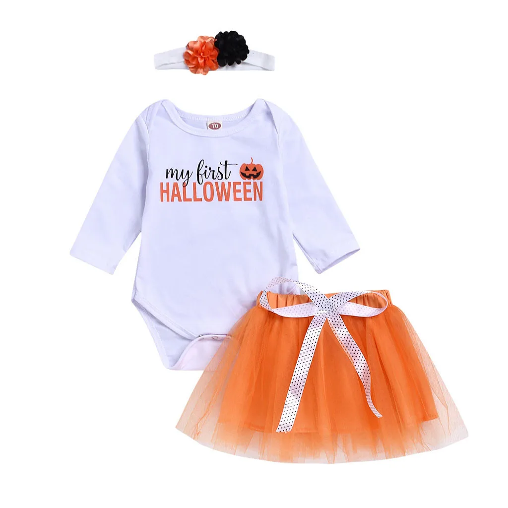 

Child Baby Girl Clothes My First Halloween Romper Tops +TuTu Dress+Hairband Baby Girl Halloween Outfit Cute Baby Girl Set 0-24M