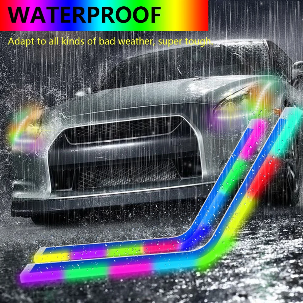 2PCS RGB drl Daytime Running Light Strip with APP Bluetooth Remote Control for Headlight Assembly Waterproof Turn Signal Lights
2PCS RGB drl Daytime Running Light Strip with APP Bluetooth Remote Control for Headlight Assembly Waterproof Turn Signal Lights