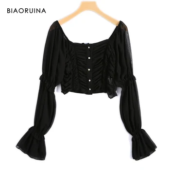 BIAORUINA Women's Fashion Short Shirt Long Flare Sleeve Slash Neck Female Beading Buttons Sexy Fold Chiffon Blouse Streetwear
BIAORUINA Women's Fashion Short Shirt Long Flare Sleeve Slash Neck Female Beading Buttons Sexy Fold Chiffon Blouse Streetwear