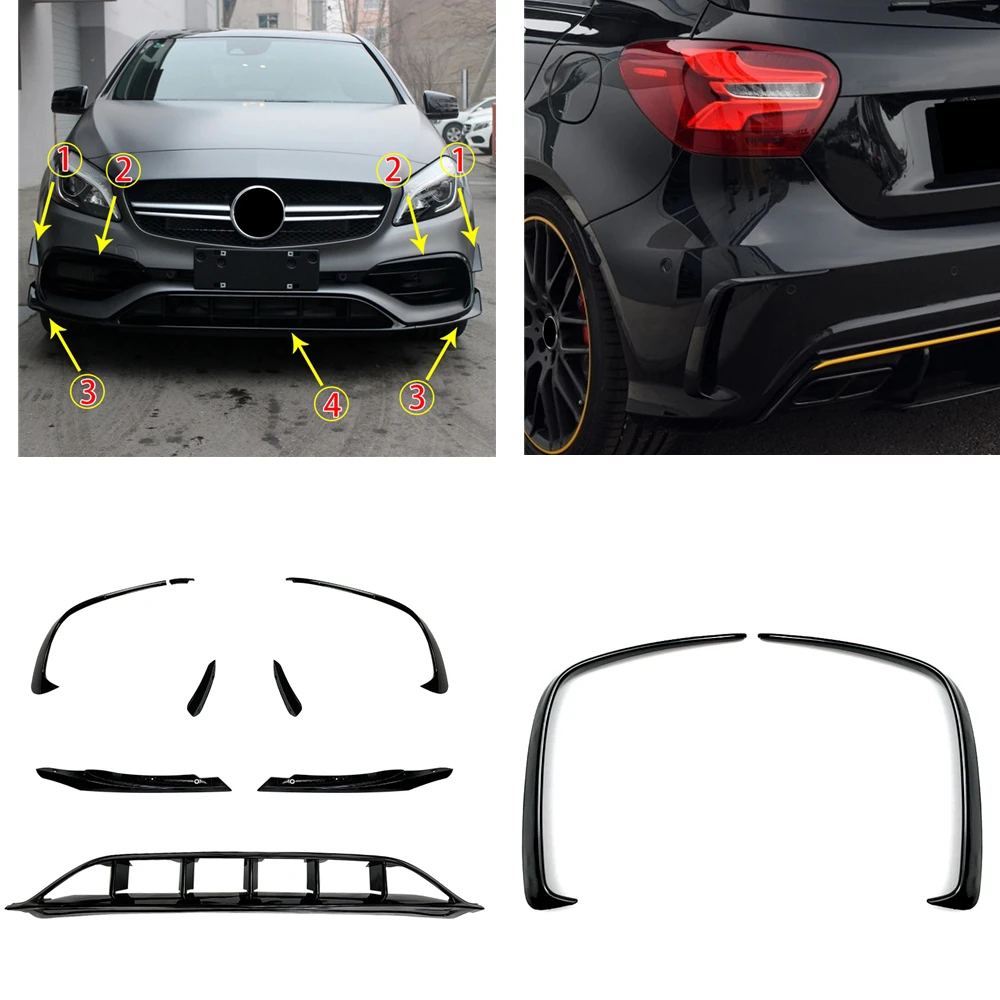 Для Mercedes Benz A Class W176 A250 A45 AMG 2016-2018, 4 двери, спортивный передний бампер, капот, сплиттер + задний боковой спойлер, отделка вентиляционного отверстия 
Для Mercedes Benz A Class W176 A250 A45 AMG 2016-2018, 4 двери, спортивный передний бампер, капот, сплиттер + задний боковой спойлер, отделка вентиляционного отверстия