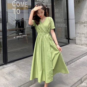 French Elegant V-neck long Dress Women Smmer Casual Short Sleeve High Waist Dresses Solid Ladies vestidos 
French Elegant V-neck long Dress Women Smmer Casual Short Sleeve High Waist Dresses Solid Ladies vestidos