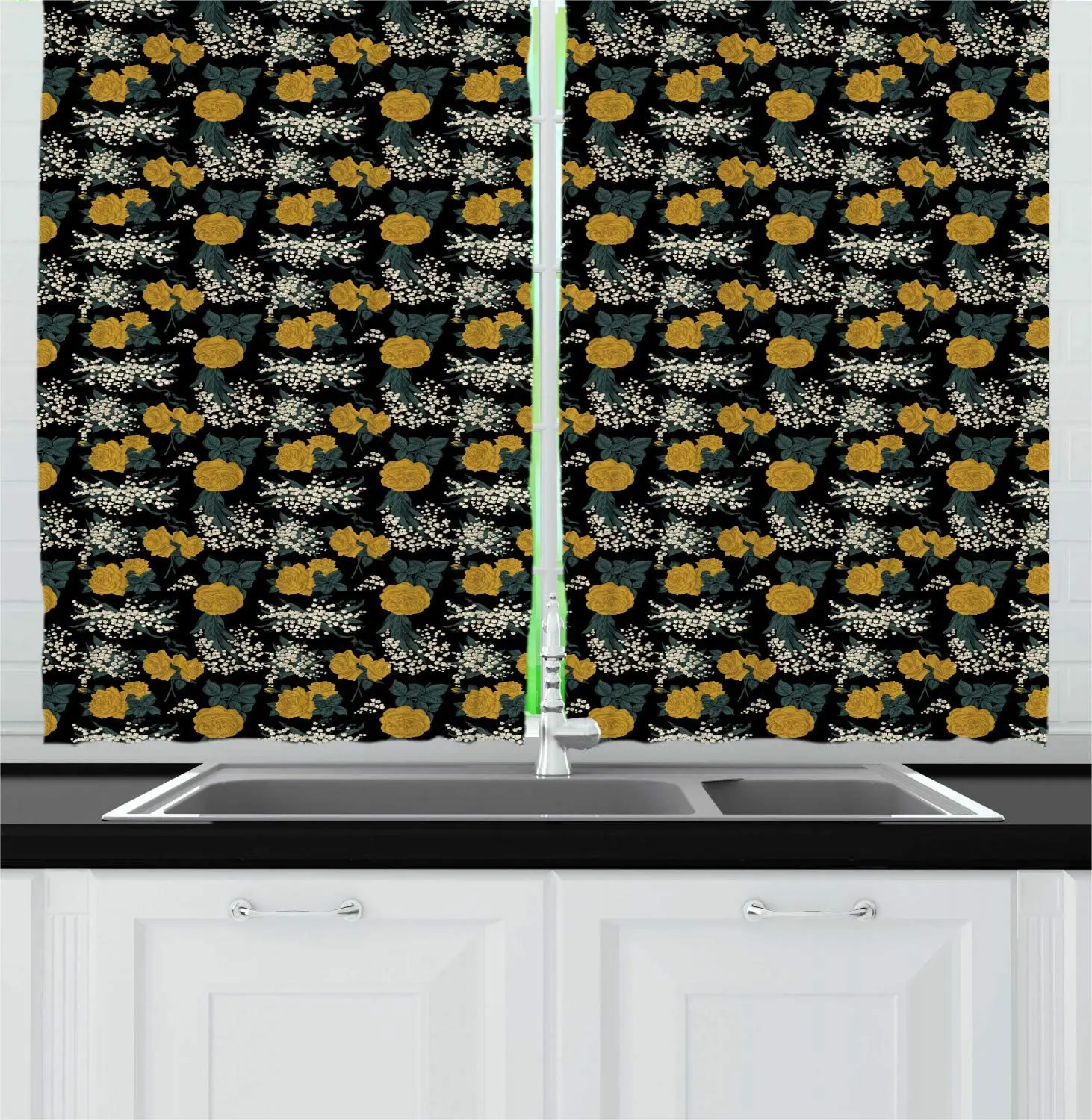 Фото Темно-желтые серые бирюзовые Цветочные кухонные шторы реалистичные Рисованные