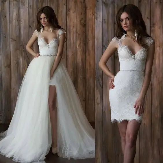 Two Pieces Wedding Dresses Lace Bride Dress V-neck Detachable Tail Beaded Sash V-neck Cap Sleeves Vestidos Noiva
Two Pieces Wedding Dresses Lace Bride Dress V-neck Detachable Tail Beaded Sash V-neck Cap Sleeves Vestidos Noiva