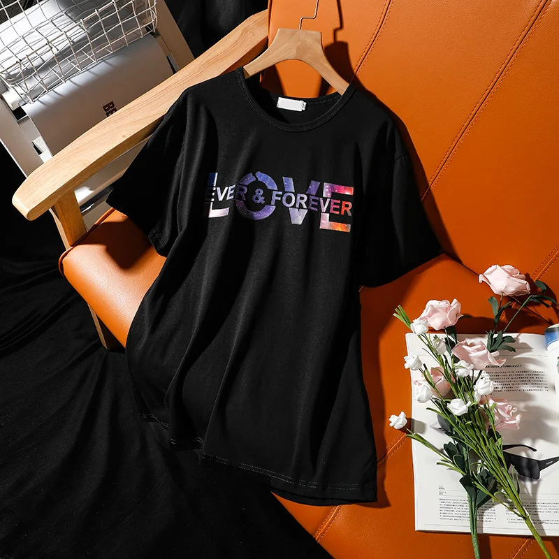 

Women's T-shirts 2021 summer new fashion wild starry sky letter printing tops short sleeve Round neck black lady pullovers