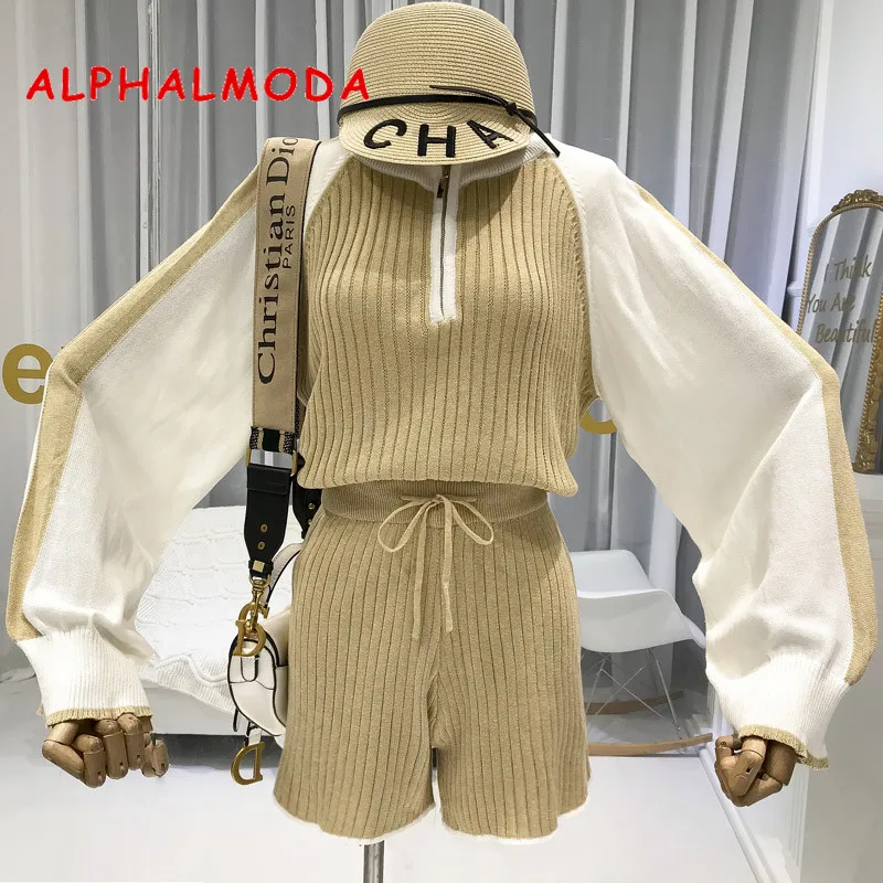 ALPHALMODA 2019 Autumn Long-sleeved Striped Knit Colour Jacket + Short 2pcs Suit High Waist Hot Shorts
ALPHALMODA 2019 Autumn Long-sleeved Striped Knit Colour Jacket + Short 2pcs Suit High Waist Hot Shorts