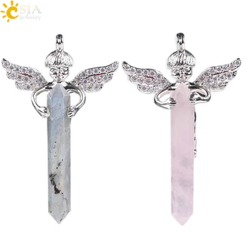 

CSJA Men & Women Love Gift Natural Crystal Gem Stone Long Sword Hexagonal Prism Cupid Angel Wings Pendants for Necklaces E818