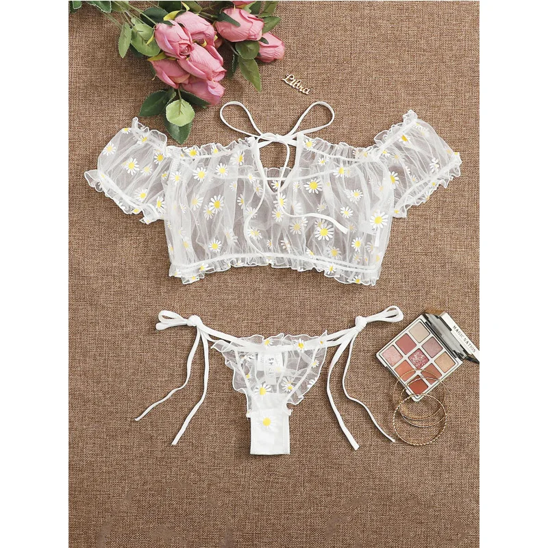 

2Pcs Women Lingerie Suit Sexy Sheer Floral Print Off-Shoulder Perspective Mesh Crop Top Tie-Waist Thong-Panty for Date Night