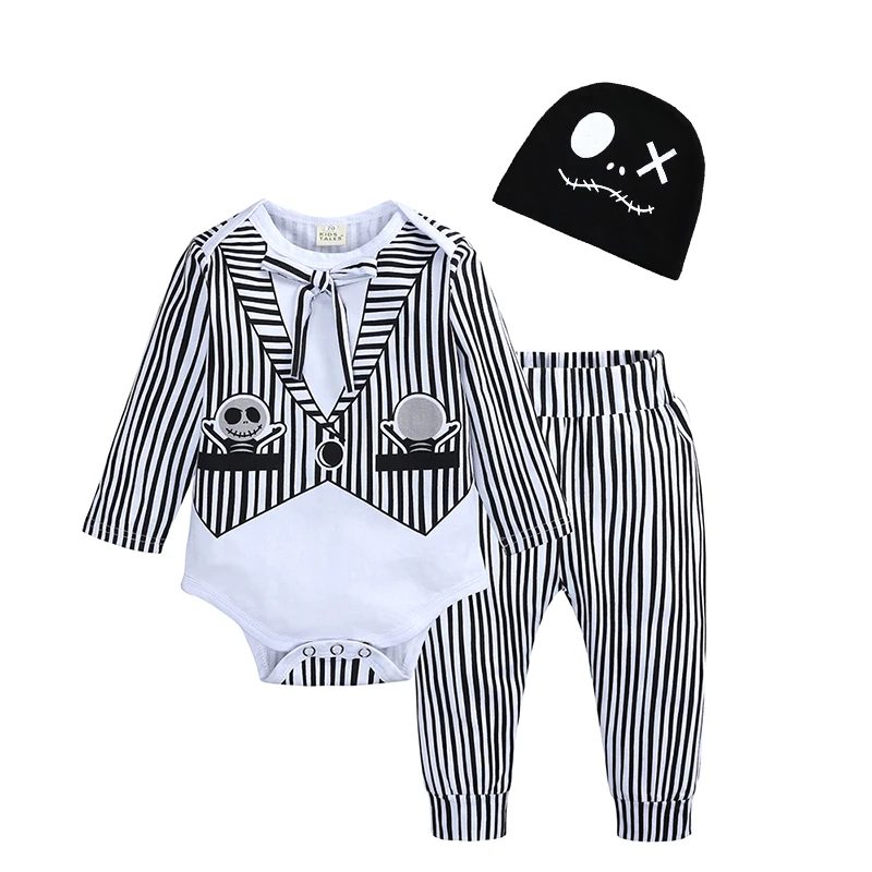 2021 Halloween Winter Autumn 3PCS Newborn Baby Boy Striped Little Man Romper Hat Outfits Set Infant Clothes Children Clothing |