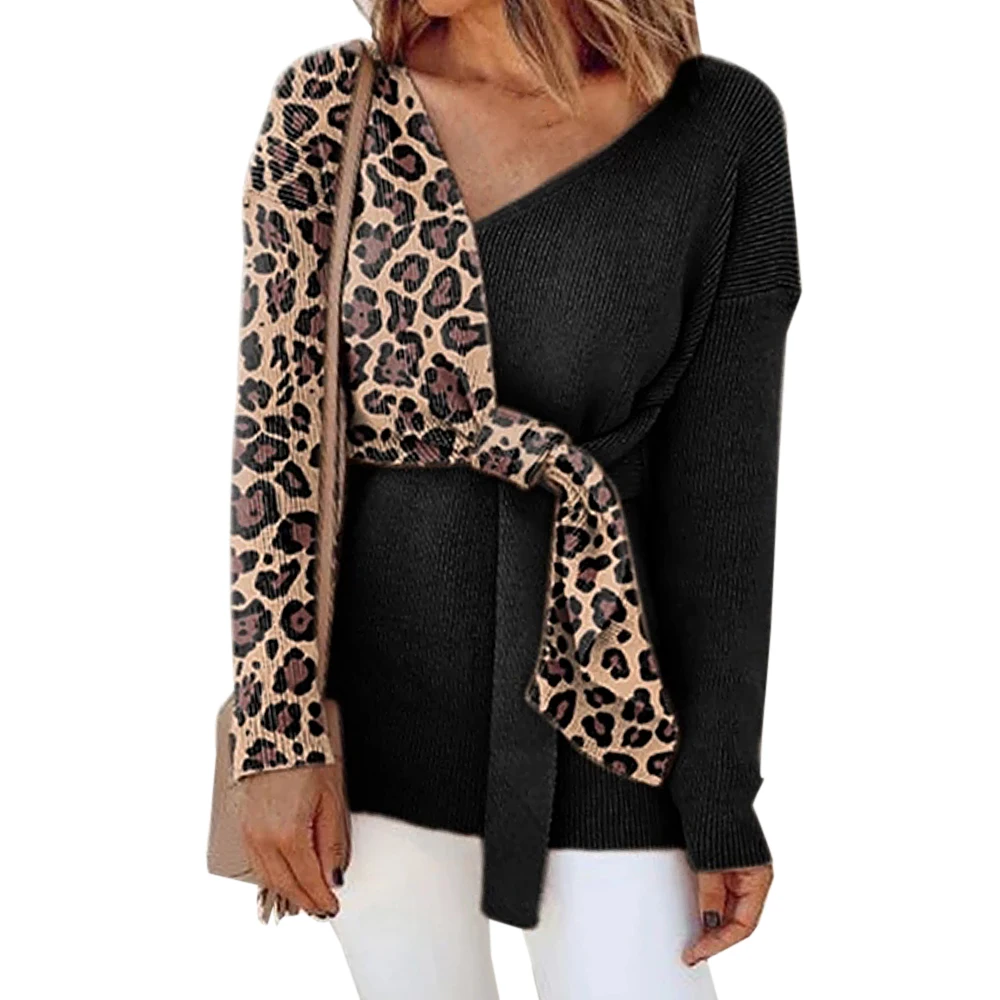 Фото Women Patchwork Blouse Sweater Long Sleeve Bandage Baggy V Neck Loose Boho Ladies Two Tone Leopard Shirt Tops 2019 New | Женская одежда