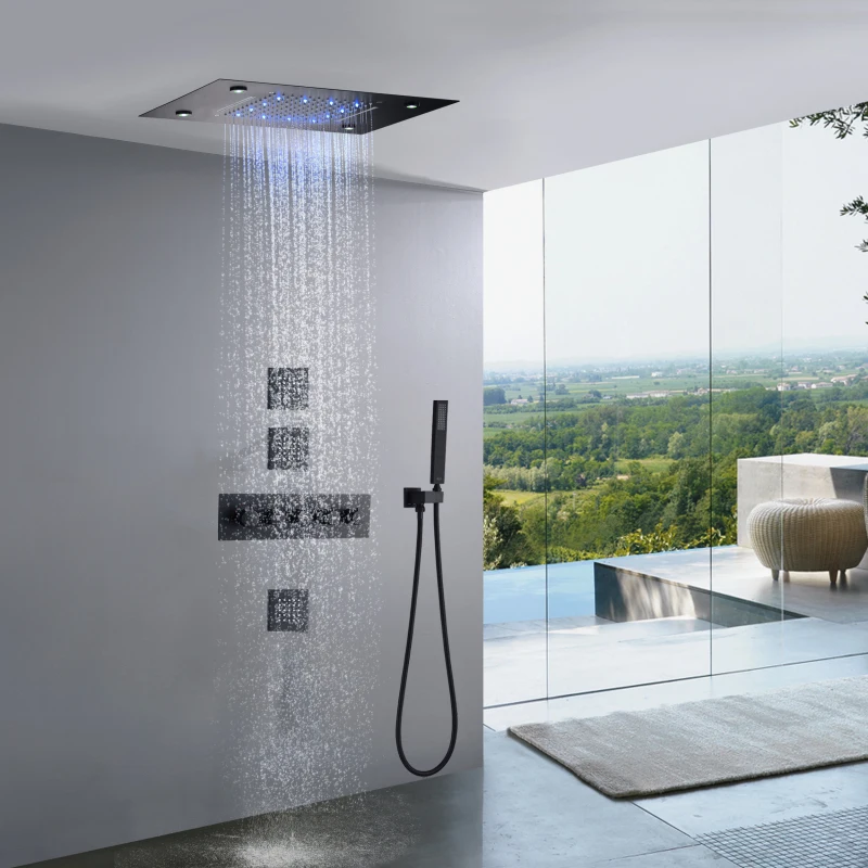 

Matte Black LED Thermostatic Bathroom Ceiling Waterfall Rainfall Shower Combo Set With Handheld
