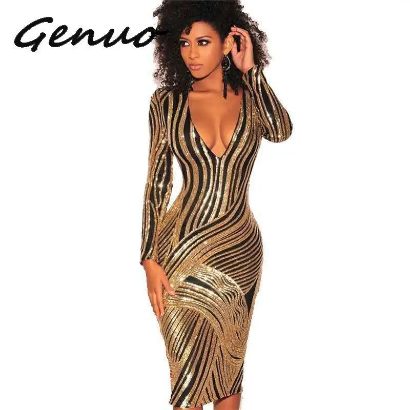 

Genuo New 2019 Luxury Sequins Striped Dresses 2019 Women Elegant Long Sleeve Midi Dress Sexy Deep V Neck Party Dress Vestidos