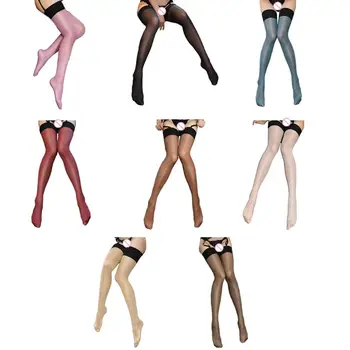 

Women Sexy Contrast Color Shiny Oil Thigh High Stockings 30D Nylon Thin Sheer Pantyhose Elastic Silky Shimmer Long