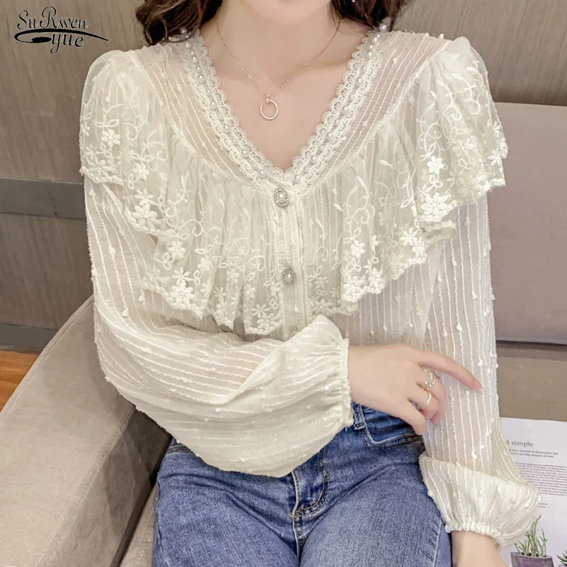 

2023 Autumn V-neck Lace Beaded Elegant Shirt French Sweet Puff Sleeve Slim Tops Casual Charming Long-sleeved Solid Blouses 16810