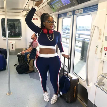 Sports women's fashion and leisure two-piece comfortable Joker striped ladies' sweater sports suit 2 piece outfits for women 
Sports women's fashion and leisure two-piece comfortable Joker striped ladies' sweater sports suit 2 piece outfits for women