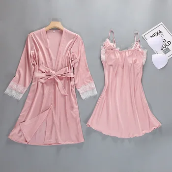 Casual Pink Female Summer Night Robe Sleepwear Sets Sexy Woman Strap Top Suit Pajamas Home Wear Nightwear Sleep Kimono Bath Gown
Casual Pink Female Summer Night Robe Sleepwear Sets Sexy Woman Strap Top Suit Pajamas Home Wear Nightwear Sleep Kimono Bath Gown