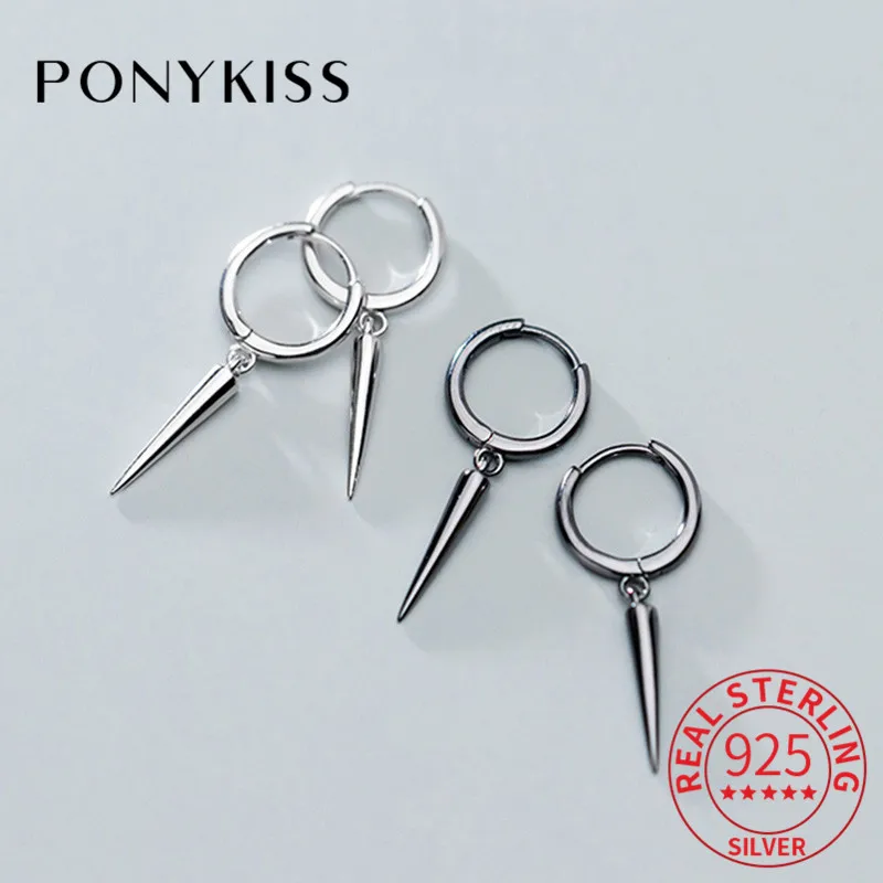 

PONYKISS Punk 100% 925 Sterling Silver Chic Cone Geometric Hoop Unisex Fashion Earrings Party Delicate Accessory Gift