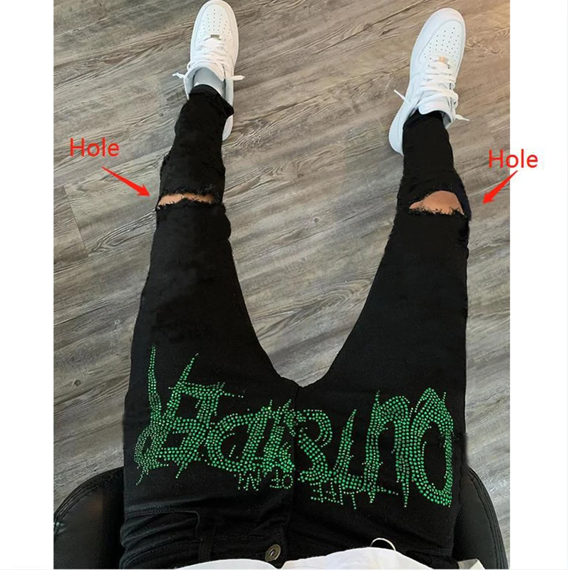 

Men's Black Jeans Trend Jogger Hip Hop All-match Street Comfortable Skinny Destroyed Stretch Rhinestones Small Feet Denim Pants