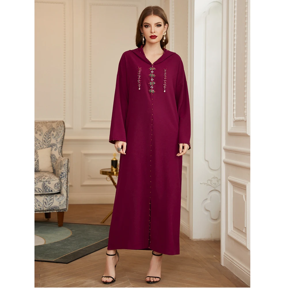 

Dubai Luxury Abayas Muslim Women Long Dress Diamonds Moroccan Turkish Kaftan Arab Maxi Robe Middle East Hooded Ramadan Islamic