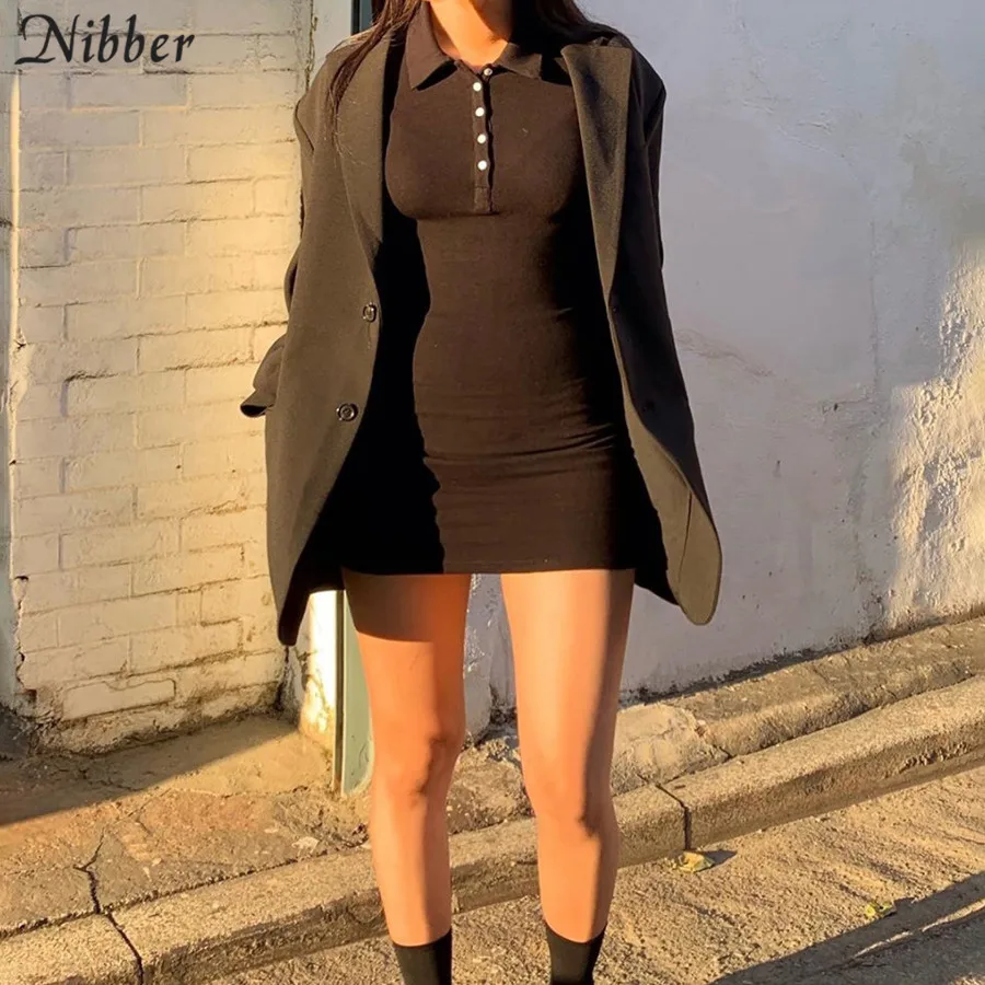 Nibber cotton Lapel Elastic Slim Soft High waist dresses Solid color casual simple girl College style sweet 2020 Spring femal