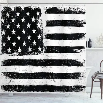 

United States Shower Curtain, Grunge Aged Black and White American Flag Independence Fourth of July Design, Cloth Fabric