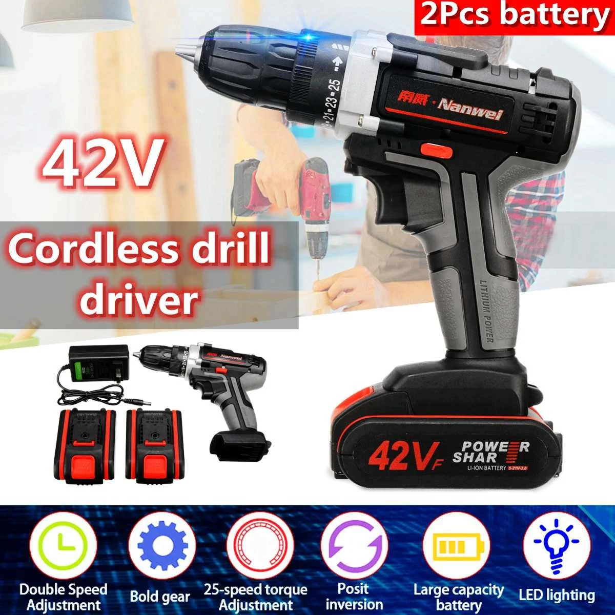 42VF 2 Rechargeable Batteries 3 Modes Cordless Impact Drill 0.8-10mm Chuck Power Tools LED Screwdriver Tools set
42VF 2 Rechargeable Batteries 3 Modes Cordless Impact Drill 0.8-10mm Chuck Power Tools LED Screwdriver Tools set