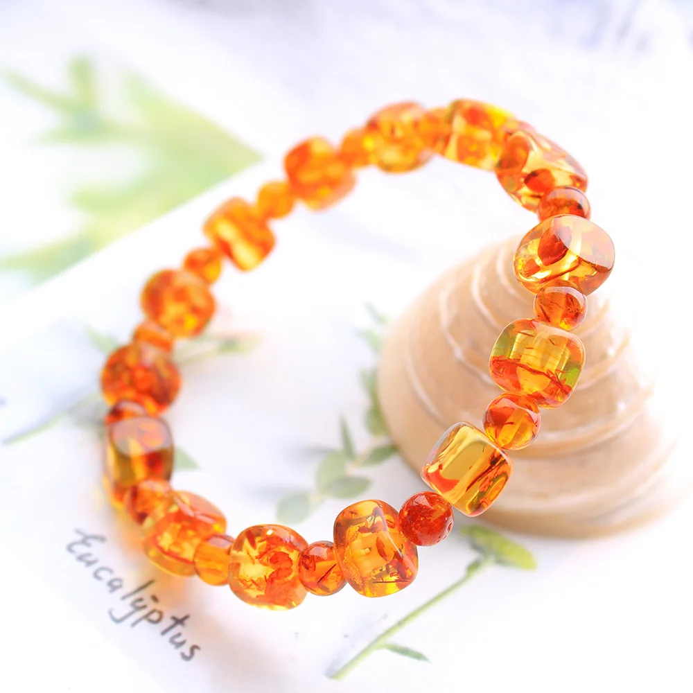

Natural Piebald Amber Cube Round Beads Bracelet 8mm Yellow Red Cube Amber Women Men Healing Stretch Jewelry AAAAA