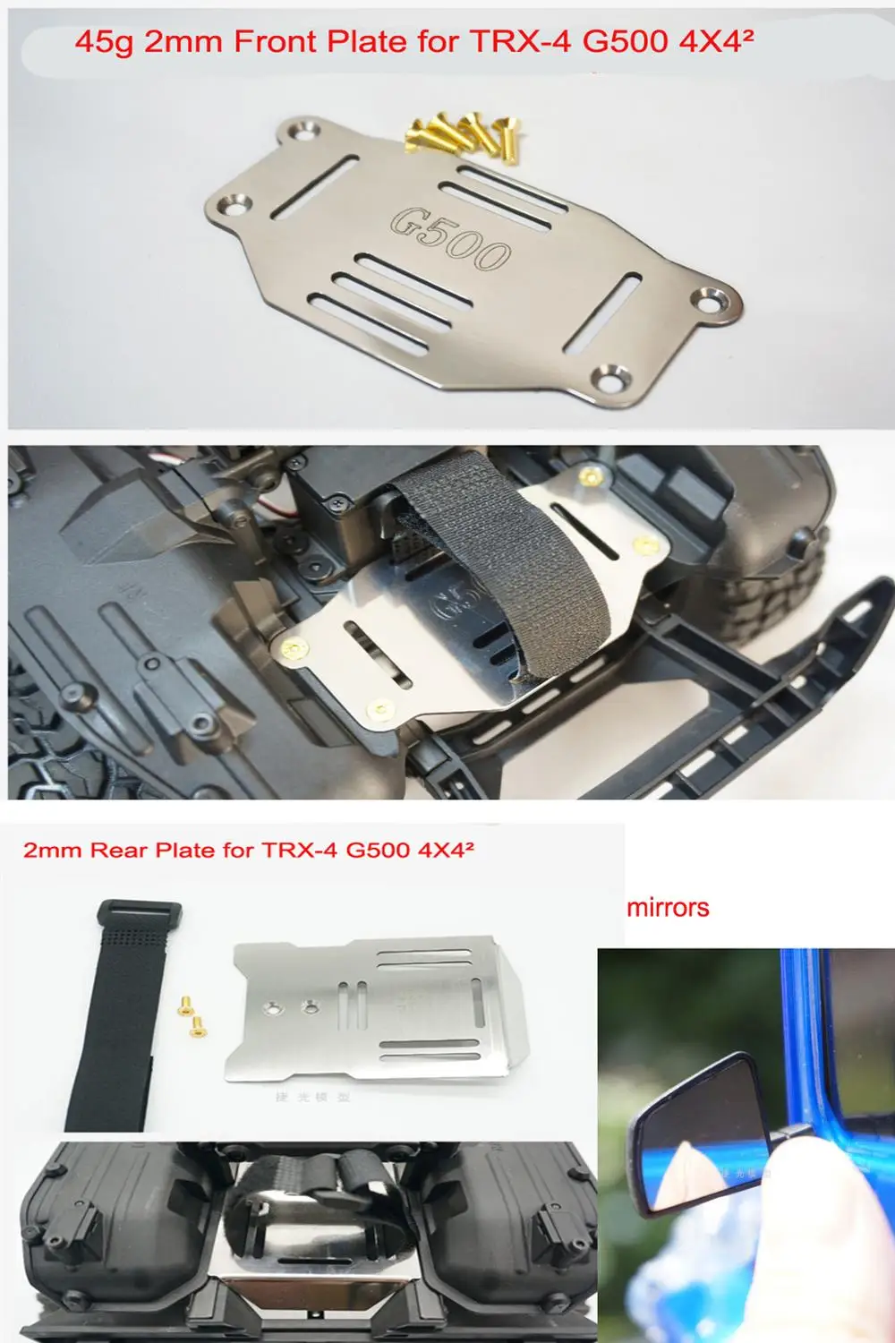 Stainless Steel Front Plate +Rear plate +mirrors for 1/10 TRAXXAS TRX4 82096-4 MERCEDES-BENZ G500
Stainless Steel Front Plate +Rear plate +mirrors for 1/10 TRAXXAS TRX4 82096-4 MERCEDES-BENZ G500