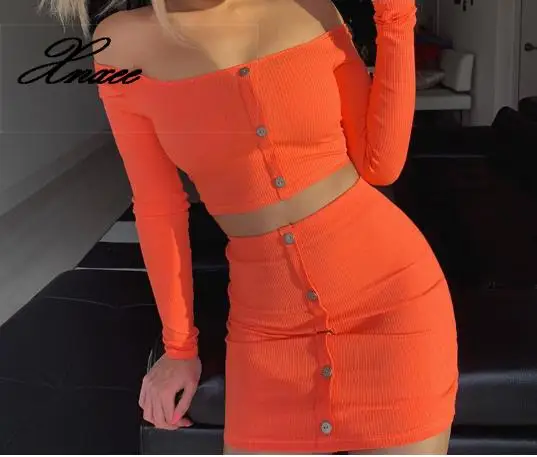 Xnxee Orange Knitted Off Shoulder 2 Piece Set Women Spring Summer Button Skinny Slash Neck Crop Tops Sexy Mini Skirts Elastic
Xnxee Orange Knitted Off Shoulder 2 Piece Set Women Spring Summer Button Skinny Slash Neck Crop Tops Sexy Mini Skirts Elastic