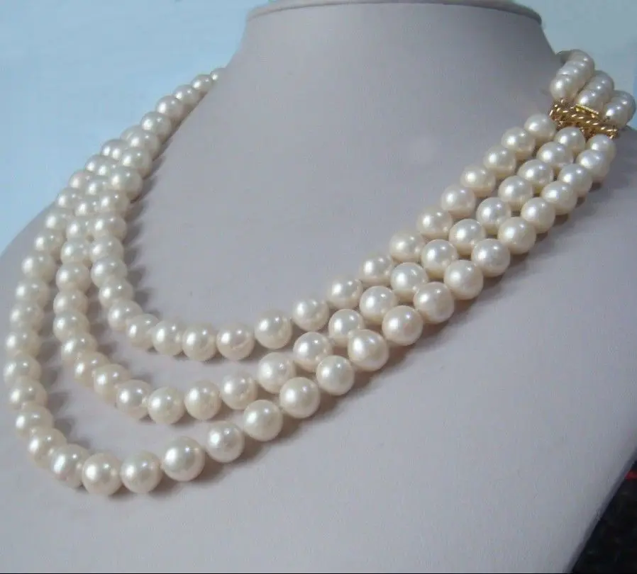 

3 row strands natural 9-10mm akoya white pearl necklace 18"19"20" 14K gold clasp