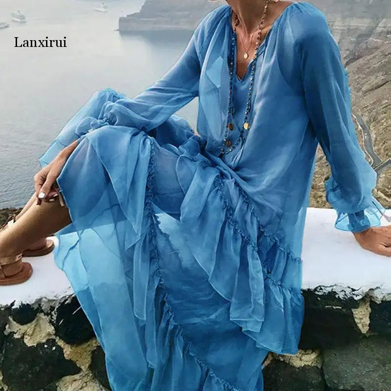 Фото Женское шифоновое платье с оборками на рукавах и V-образным вырезом | Женская