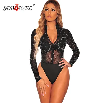 

SEBOWEL Long Sleeve Black Sheer Mesh Silver Rhinestone Studded Woman Thong Bodysuit Female Mock Neck Zipper Body Top Clothes