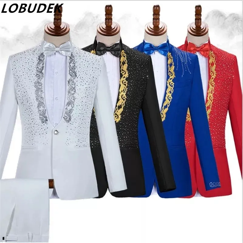 England Style Formal Men's Suits 4 Colors Rhinestones Blazers Pants Sets Singer Host Concert Stage Outfits Wedding Party Dresses
England Style Formal Men's Suits 4 Colors Rhinestones Blazers Pants Sets Singer Host Concert Stage Outfits Wedding Party Dresses