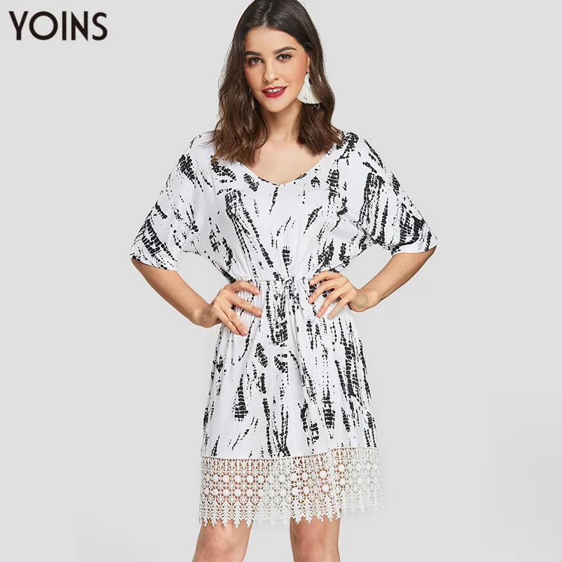 

YOINS 2019 Women Summer Autumn Dress Sexy Tie-Dye Crochet Lace O Neck Half Sleeve Vintage Loose Waist Dresses White Vestidos