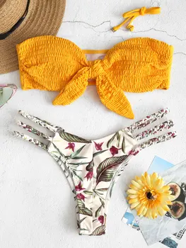 

2020 Knot Shirred Leaf Print Braided Bikini Set Strappy Halter Bandeau Bikini Low Waist Swimwear Women Bikinis Mujer