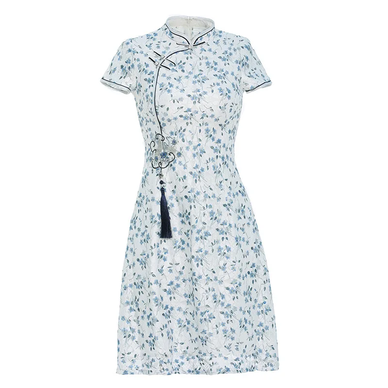 summer chinese women evening party dress modern cheongsam short sleeve party blue lace qipao dress 
summer chinese women evening party dress modern cheongsam short sleeve party blue lace qipao dress
