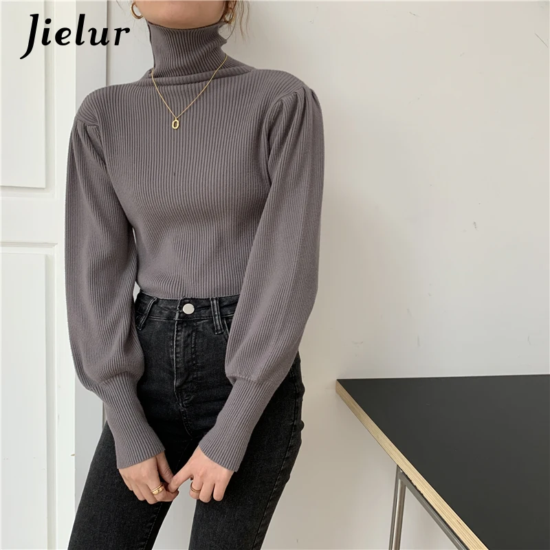 

Jielur Blue Turtleneck knitted Sweaters Female New Autumn Winter All-match Slim Bottoming Tops Black Puff Sleeve Women Pullovers