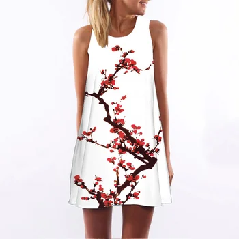 

Plum Blossom Print O Neck Summer Dress Plus Size Sleeveless Casual Loose T Shirt White Dresses Vintage Streetwear Vestido Mujer