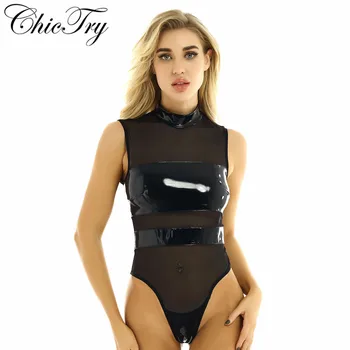 

Sexy Womens Wet Look Patent Leather Lingerie Mock Neck Sleeveless Crotchless Sheer Mesh Spliced Thong Teddy Bodysuit Nightwear