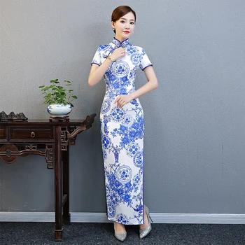 Plus size 5XL custom blue and white porcelain cheongsam autumn Old Shanghai middle and old aged long modified cheongsam Dress
Plus size 5XL custom blue and white porcelain cheongsam autumn Old Shanghai middle and old aged long modified cheongsam Dress