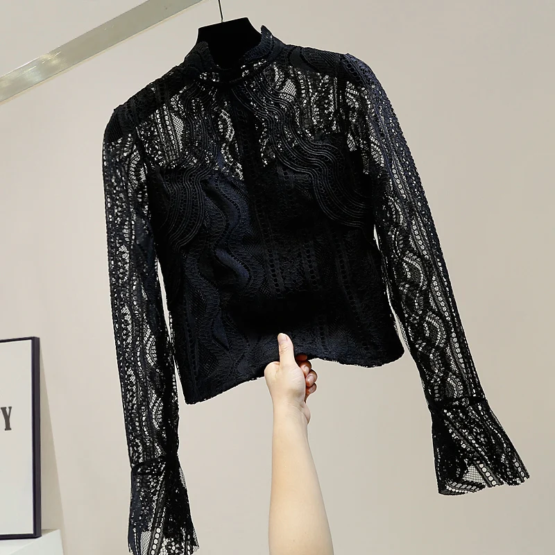 Slim Black Lace Shirt Woman Elegant Style Stand Collar Bell Sleeve Back Zipper Lace Blouse Temperament Lady Tops Slimming Blusas
Slim Black Lace Shirt Woman Elegant Style Stand Collar Bell Sleeve Back Zipper Lace Blouse Temperament Lady Tops Slimming Blusas