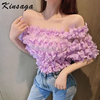 

Summer 3D Floral Sexy Off Shoulder Perspective Yarn Crop Tops Blouse Korean Sweet Chi Slash Neck Short Blusa Shirts