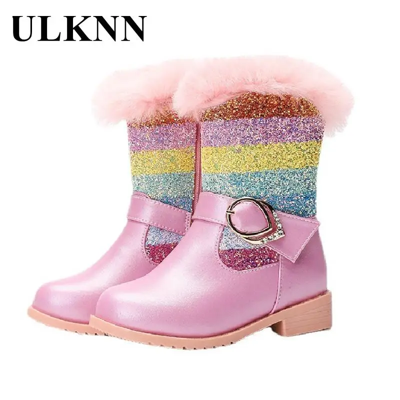 

Girls Rainbow Boots Children Soft Nap Of New 2023 Autumn Winters Warm Snow Boots Girl Dancing Boats Kid's Shoes White