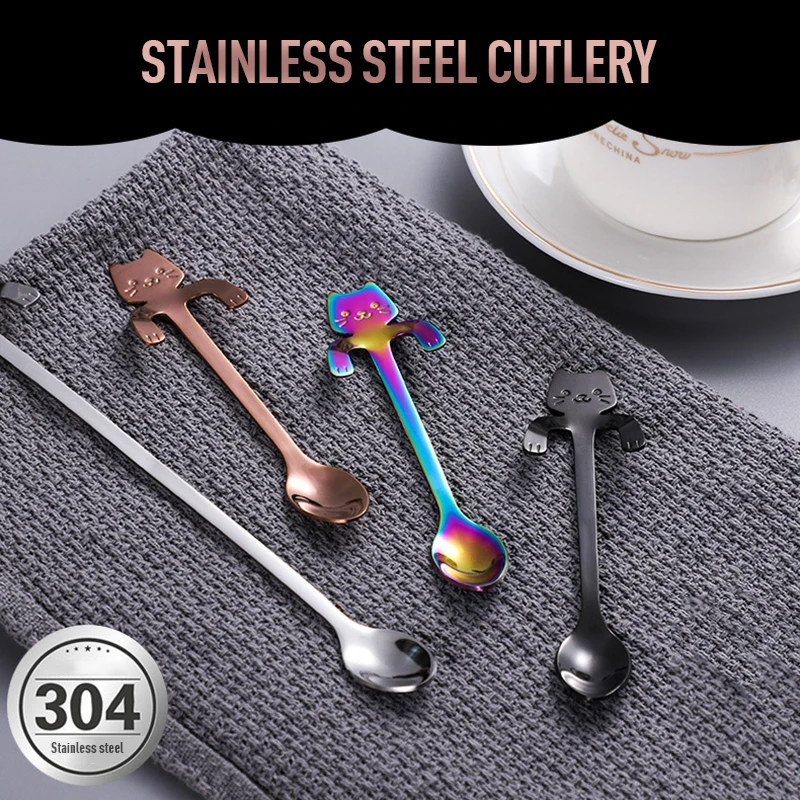 304 Stainless Steel Cartoon Cat Hanging Cup Spoon Coffee Tea For Tableware Colors Ice Cream Tools Kitchen | Дом и сад