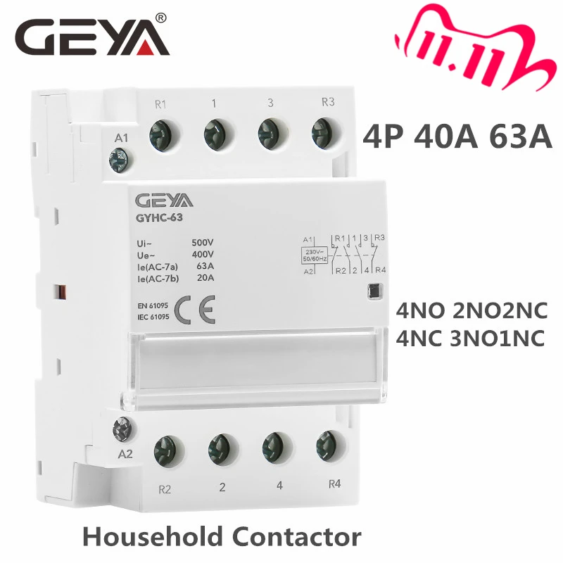 GEYA Din Rail AC Contactor 4P 40A 63A 4NO 4NC 2NO2NC 3NO1NC House Use or For Charging Pile Contactor Good Quality
GEYA Din Rail AC Contactor 4P 40A 63A 4NO 4NC 2NO2NC 3NO1NC House Use or For Charging Pile Contactor Good Quality
