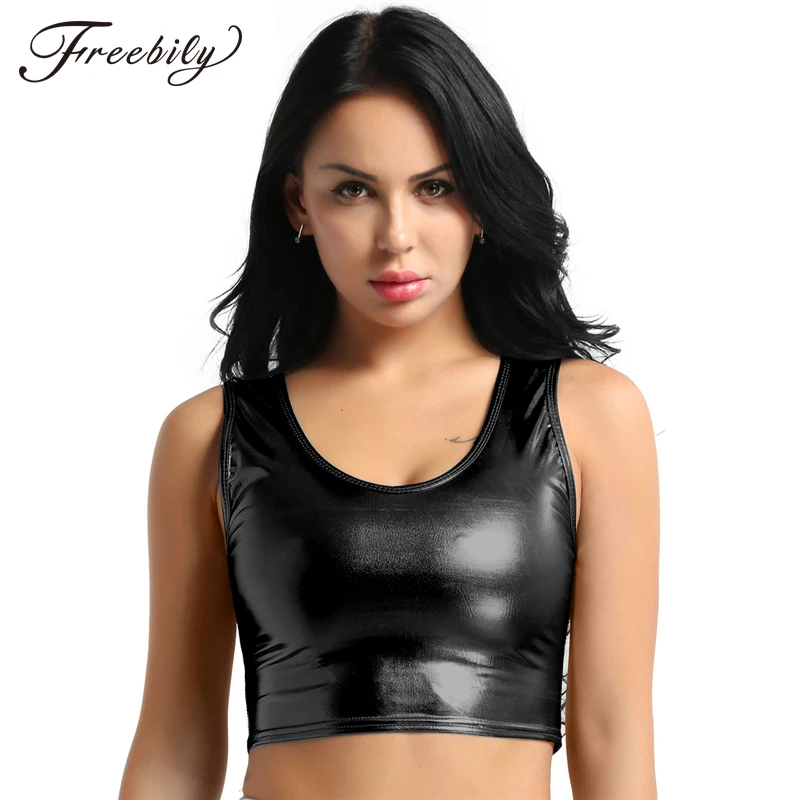 

Shiny Women Metallic Rave Dance Festival Clubwear Crop Tank Tops Short Vest Summer Sleeveless Scoop Neck Holographic Top