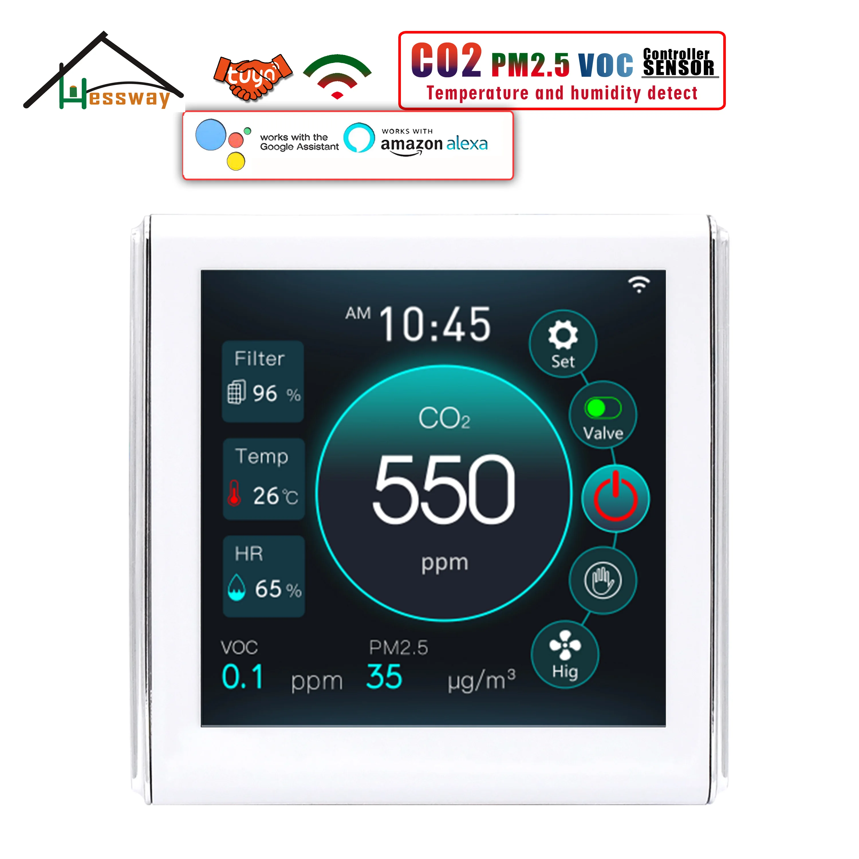 Контроллер качества воздуха в помещении HESSWAY с Wi-Fi для датчика CO2, PM2.5 и VOC, гистограмма мониторинга истории памяти, обнаружения температуры и влажности
Контроллер качества воздуха в помещении HESSWAY с Wi-Fi для датчика CO2, PM2.5 и VOC, гистограмма мониторинга истории памяти, обнаружения температуры и влажности