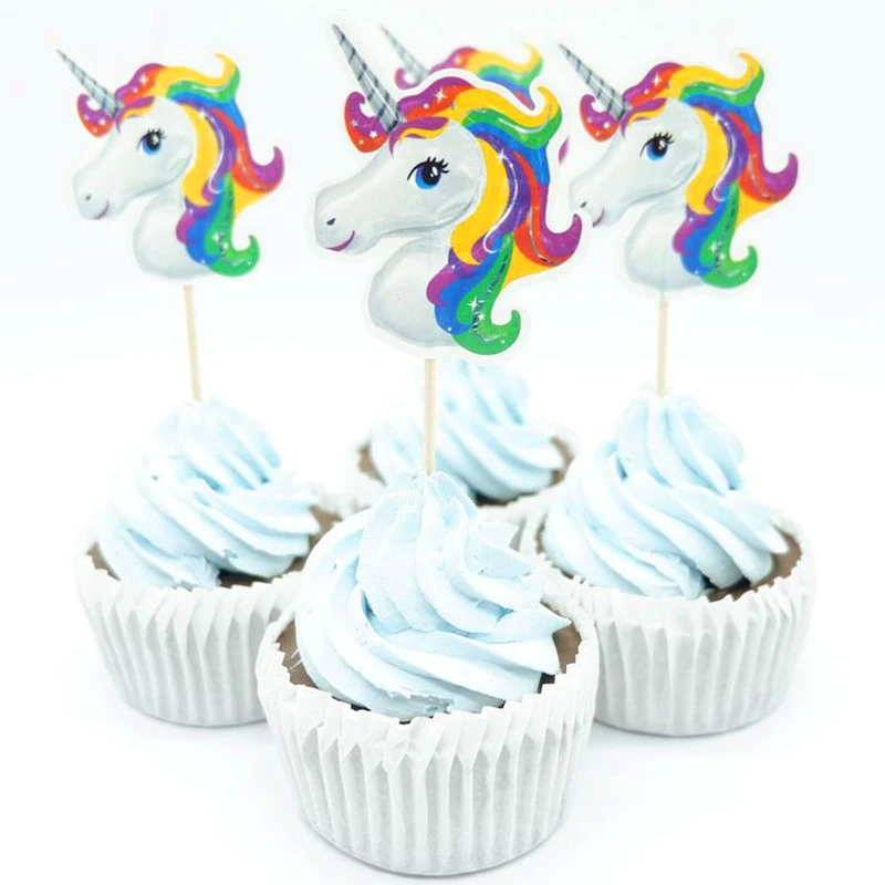 

240pcs/lot Kids Favors Unicorn Theme Happy Baby Shower Cupcake Toppers Decorations Birthday Party Cake Topper With Sticks