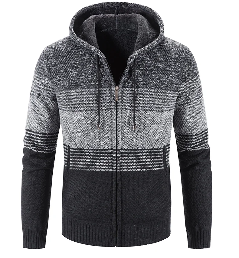 2021 men's plus velvet padded cardigan sweater plus size jacket hooded color matching European and American sweater
2021 men's plus velvet padded cardigan sweater plus size jacket hooded color matching European and American sweater