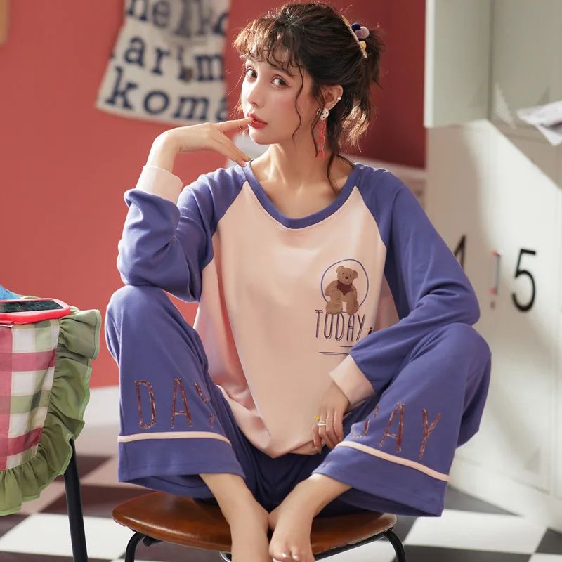 

Pajamas Women's Spring And Autumn 6535 Cotton Long Sleeve Trousers Korean-style Women's Summer Thin Section Nursing Home Wear Tw