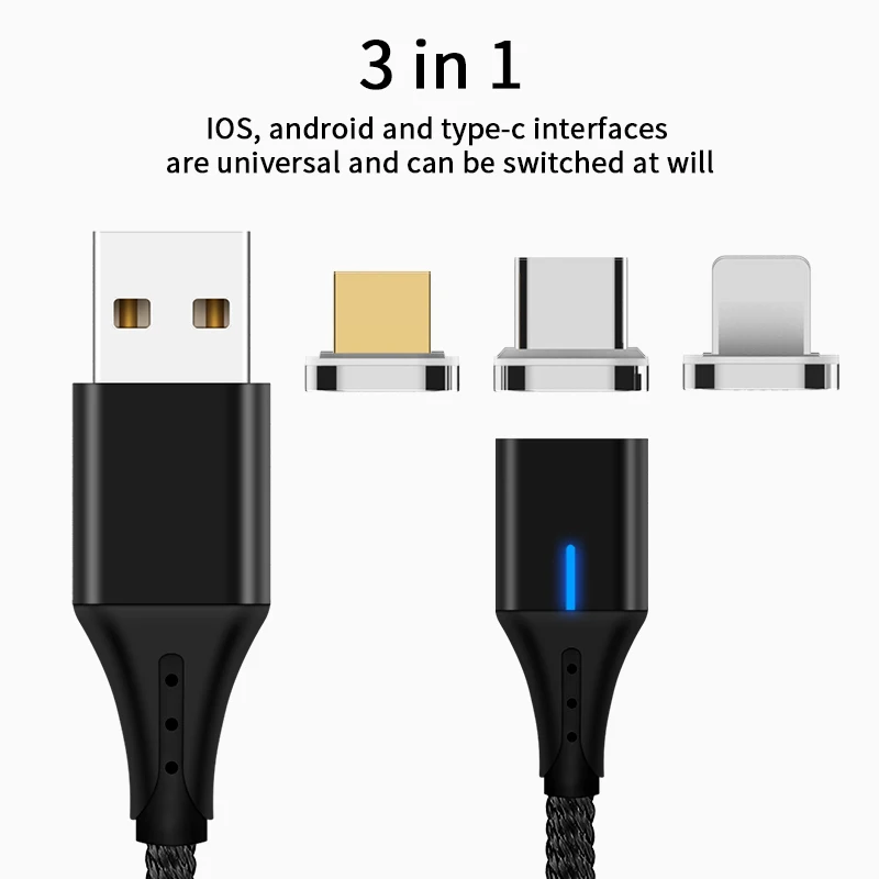 Магнитный usb-кабель для зарядки телефона IPhone Lighting samsung Xiaomi QC3.0 Быстрый Магнит Micro Usb
